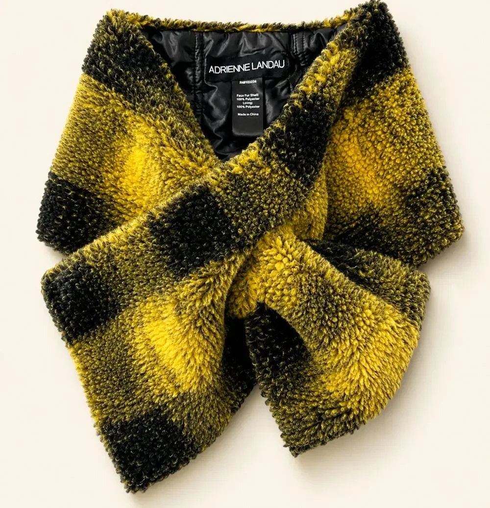 Adrienne Landau Faux Fur Yellow Black Check Pull Through Scarf NWT